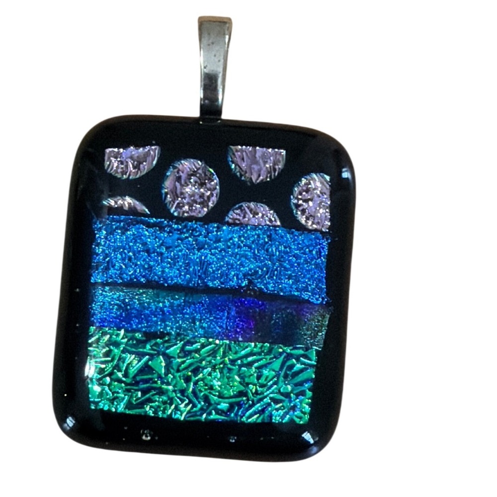 Dichroic Fused Glass Pendant Rectangular Blue Green Purple Black Art Glass 746